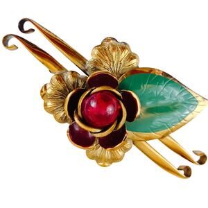 Vintage 1930s 1940s Floral Brooch Gold Tone Enamel Jelly Belly Style Costume Pin